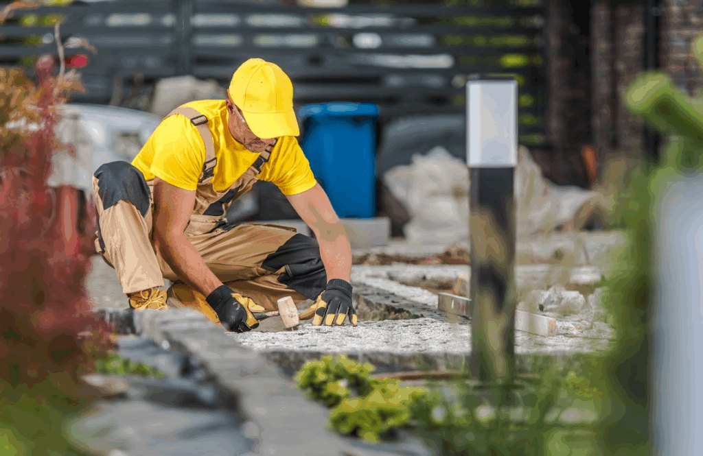 A landscaping worker is installing bricks in a backyard.