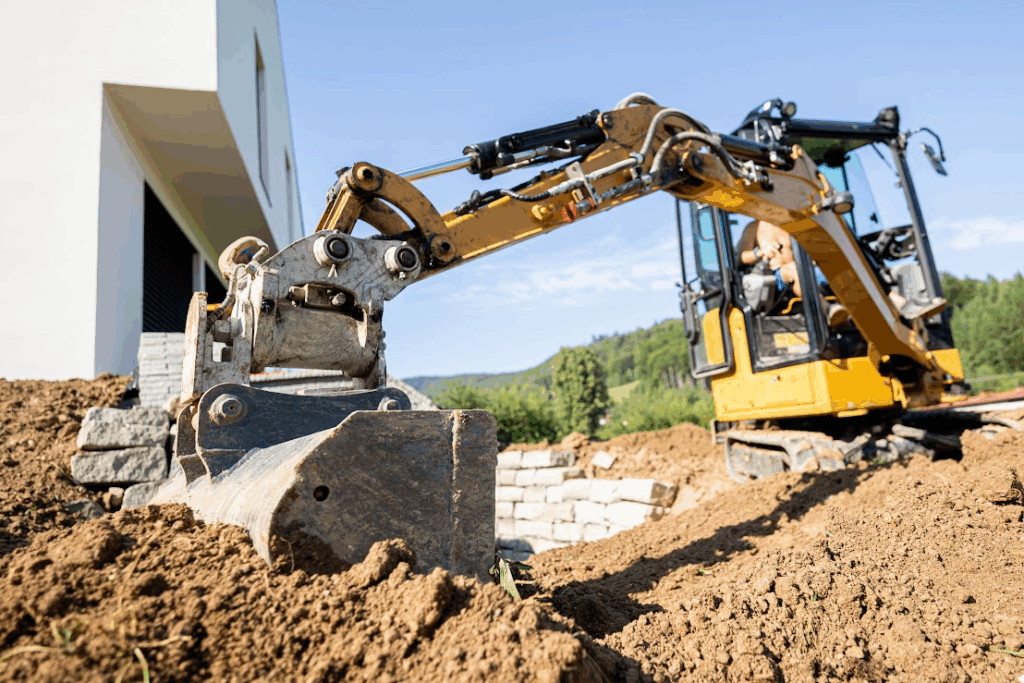A mini excavator is digging into the ground.