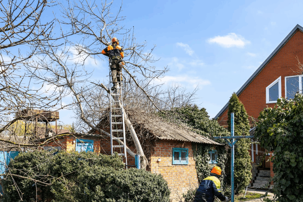 A landscaper is on a ladder trimming a tree that has fallen on a house.