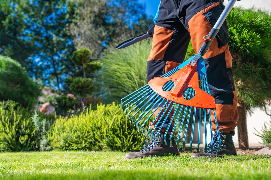A gardener is holding a rake and other gardening tools